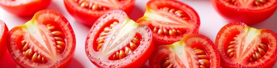 Close-up of fresh red tomato halves on white background, organic, healthy