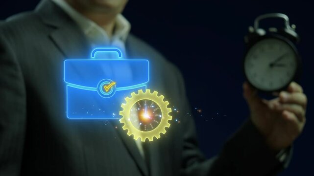 Business efficiency concept, how much a company or organization can produce as it relates to time, cost and quality. Businessman shows glowing neon line of business efficiency icon on virtual screen.