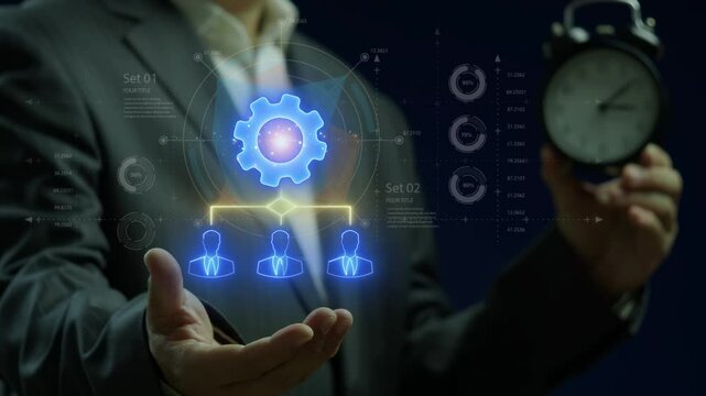 Business efficiency concept, how much a company or organization can produce as it relates to time, cost and quality. Businessman shows glowing neon line of resources allocation icon on virtual screen.