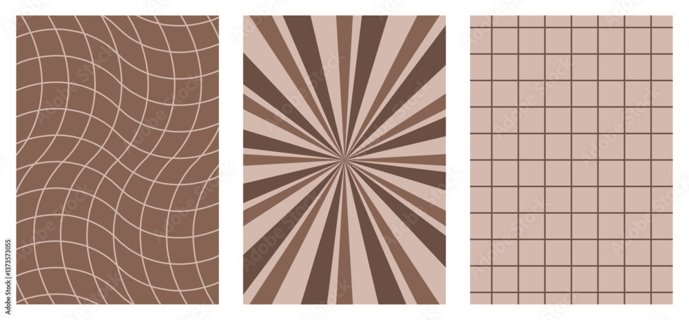 Poster set of groovy y2k backgrounds. abstract optical illusion checkered wavy pattern, sunburst sun rays p