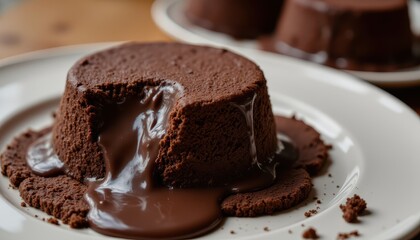 A decadent homemade dark chocolate dessert, gently melting on a plate