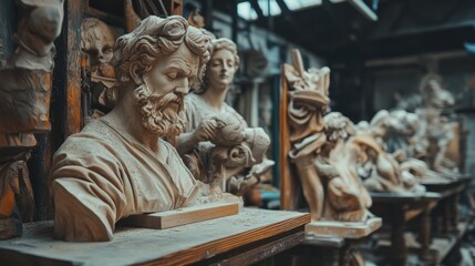 Obraz premium A collection of stunning sculptures showcases intricate details and artistry. Each piece tells a story of its own. Discover the beauty of crafted forms. Generative AI