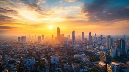 Fototapeta premium Sunset over bangkok skyline city landscape photography urban environment aerial view evening serenity