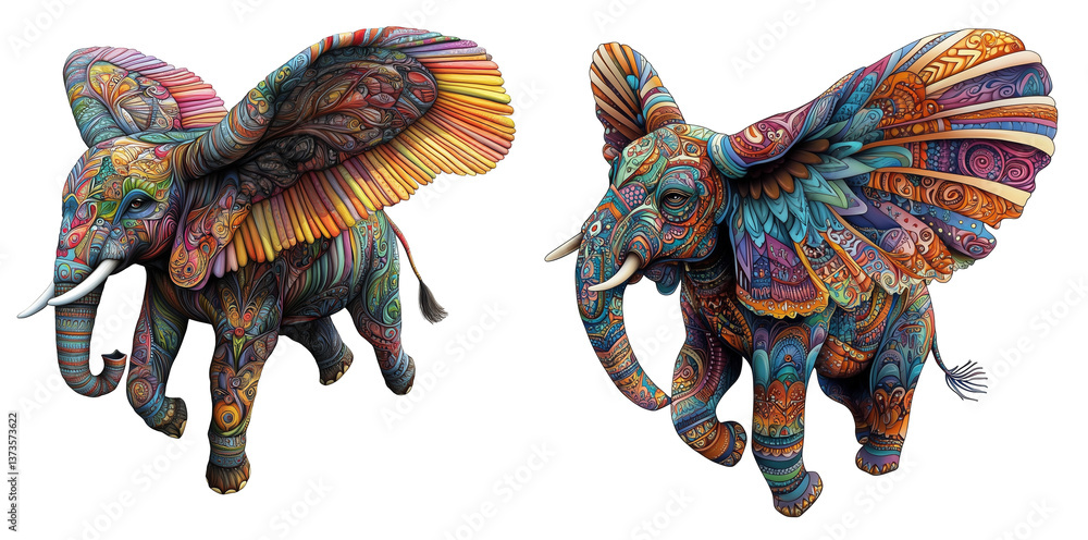 Poster a vibrant artistic representation of elephants in colorful body paint, showcasing intricate patterns