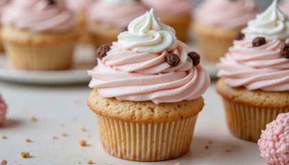 A perfectly baked homemade cupcake topped with a generous swirl of pale pink icing, adorned with delicate chocolate decorations