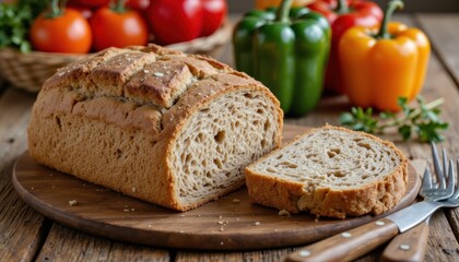 A loaf of rustic bread sits on a wooden table, surrounded by fresh ingredients such as vibrant vegetables and cutlery