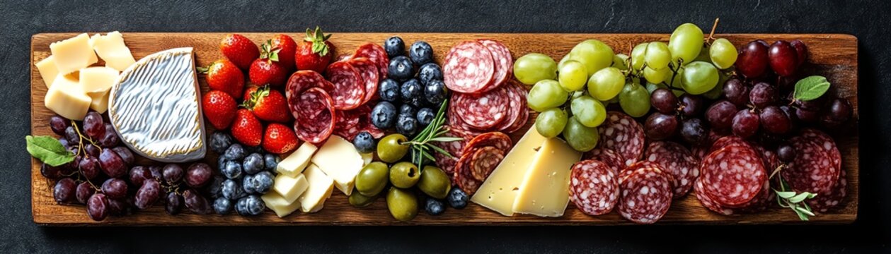 A flat lay of a beautifully arranged charcuterie board with cheeses and fruits