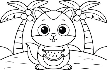 Cute Outlined Cartoon Fox Holding Watermelon with Palm Trees on Beach
