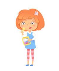 A cheerful young girl with curly orange hair is holding a colorful snack package in one hand while happily munching on a snack in a bright and playful atmosphere filled with joy.