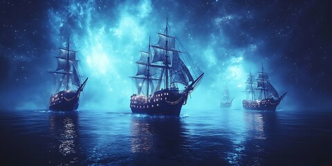 Mysterious Ships at Night Sea