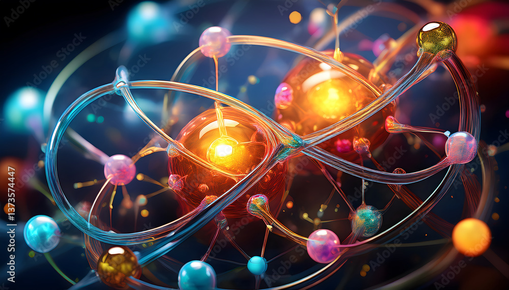Poster Abstract representation of atomic structure with colorful particles and swirling lines, illustrating concepts of energy and matter
