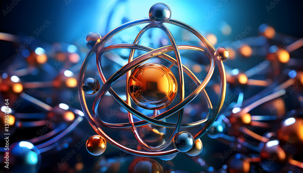 Aufkleber 3D rendering of an atom with colorful particles, representing scientific concepts and molecular structures