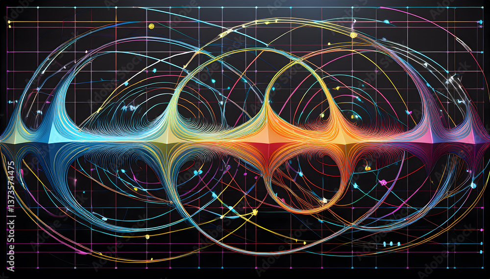 Poster Abstract design featuring colorful wave patterns and grid lines, representing mathematical concepts and dynamic visual energy