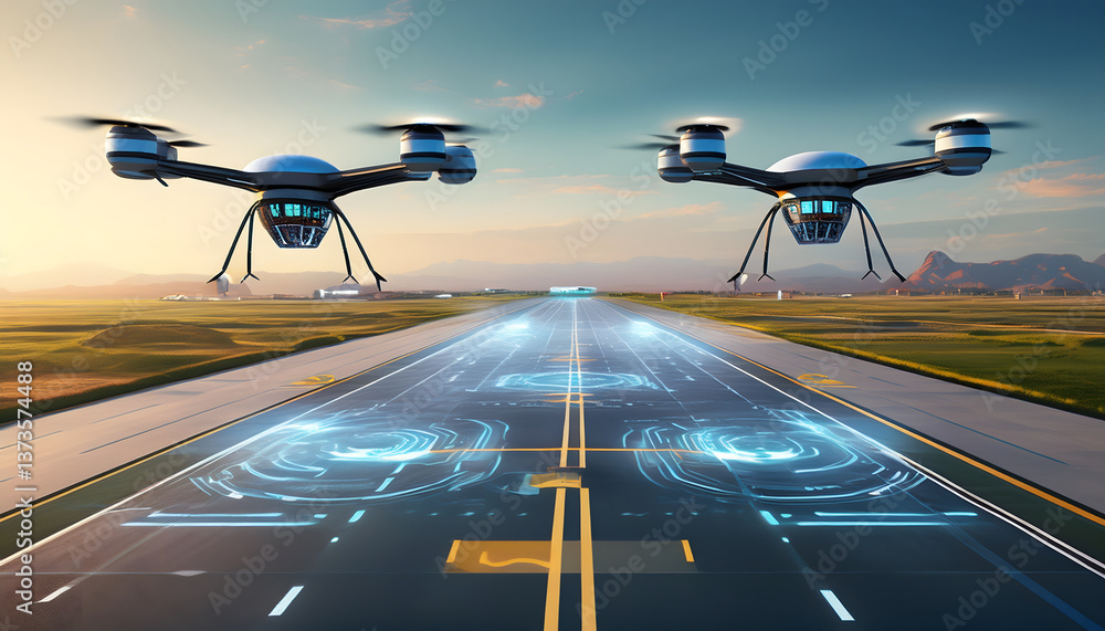 Poster futuristic drones prepare for takeoff on a high-tech runway, showcasing advanced technology and inno