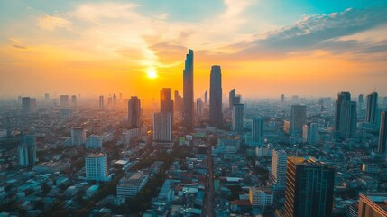 Fototapeta premium Sunset over urban skyline bangkok city aerial view vibrant atmosphere modern architecture