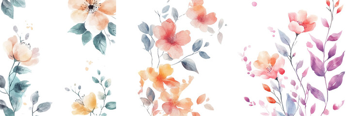 A Captivating Trio of Watercolor Floral Designs with Vibrant Blossoms and Leaves Set Against a Elegant Black Background