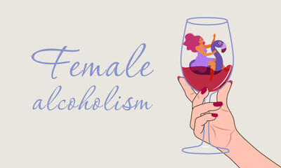 Cheerful woman floating in a glass: concept of alcohol addiction