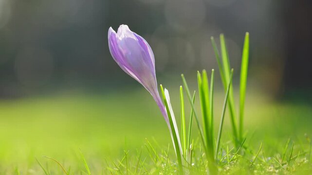 Single purple crocus catches light against blurred background in peaceful spring setting