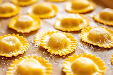 Fresh Homemade Ravioli on Wooden Board with Flour Dusting