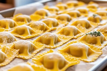 Freshly Made Ravioli on a Baking Sheet Ready for Cooking