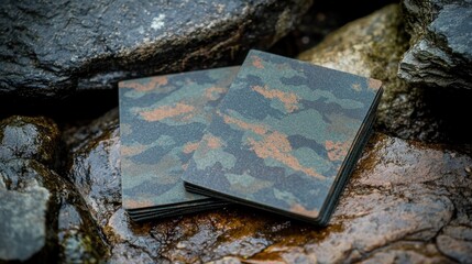 Two camouflaged notebooks resting on textured stones, showcasing a natural setting with earthy tones.