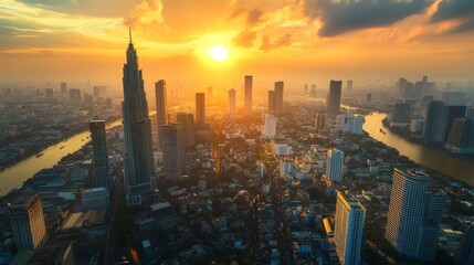 Naklejka premium Urban sunset skyline over river cityscape aerial view vibrant environment modern architecture and nature
