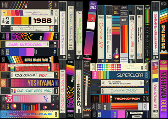 1980s VHS Cassettes Background, Old Home Video Collection Style Illustration, Vector Template for Vintage Posters, Covers, Illustrations