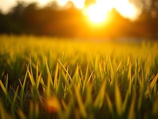 Golden Sunset over Lush Green Grass, Nature Landscape Background.