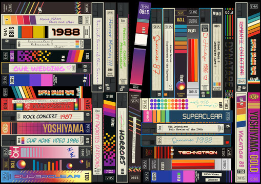 Fototapeta 1980s VHS Cassettes Background, Old Home Video Collection Style Illustration, Vector Template for Vintage Posters, Covers, Illustrations