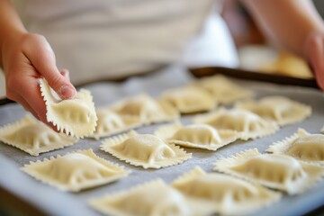 Homemade Ravioli Preparation with Hands and Dough on Baking Sheet