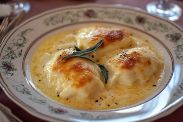 Creamy Baked Dumplings with Herbs in White Sauce