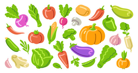Fresh vegetables set. Vegetarian organic farm food. Healthy eating concept. Agriculture farming flat design cartoon