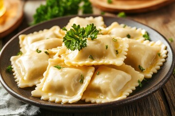 Delicious Homemade Ravioli Served with Fresh Herbs on Dark Plate