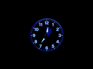 Illuminated Blue Clock Face, Time Concept, Nighttime, Punctuality, Analog Clock, Deadline, Midnight, Seven O'Clock.