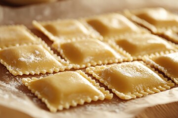 Fresh Homemade Ravioli Placed Neatly on Wooden Surface