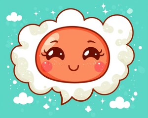 A cute, cartoon-style sun with a smiling face surrounded by fluffy clouds against a vibrant turquoise background.