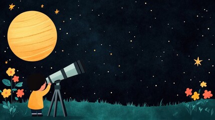 Naklejka premium Child explores the night sky with a telescope in a playful cartoon landscape filled with stars. Spring Astronomy Day