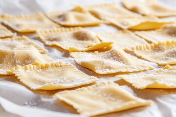 Freshly Made Ravioli Pasta on a Floured Surface Ready to Cook
