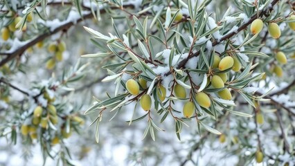 delicate olive tree branches with green leaves in snow, frozen foliage, peaceful