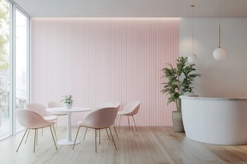 Interior of a modern waiting room with pink wall, white table and chairs, and a potted plant near desk