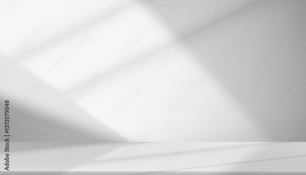 Poster background white wall studio room with light,shadow on table top,grey backdrop for spring,summer pro