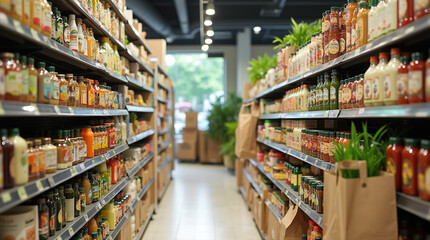 Fototapeta premium A supermarket aisle with eco-friendly products in recyclable packaging, featuring organic foods, biodegradable cleaning items, and reusable bags for sustainable living.