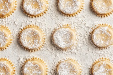 Freshly Handmade Ravioli with Flour Dust on Rustic Wooden Surface