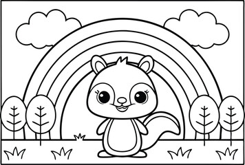 Cute Squirrel with Rainbow, Clouds, and Trees Outline Style on Transparent Background
