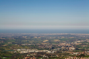Landscape from San Marino with Rimini town and Adriatic sea in the background, Italy, Europe