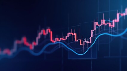 Fototapeta premium A high-res stock market scene with a bold candlestick chart, oscillating trends, and a bullish point on a sleek, dark blue background, evoking professionalism and tech.
