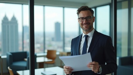 Fototapeta premium An entrepreneur in formal attire holds a business proposal in front of a panoramic city view, showcasing a professional setting filled with modern furniture and tech.