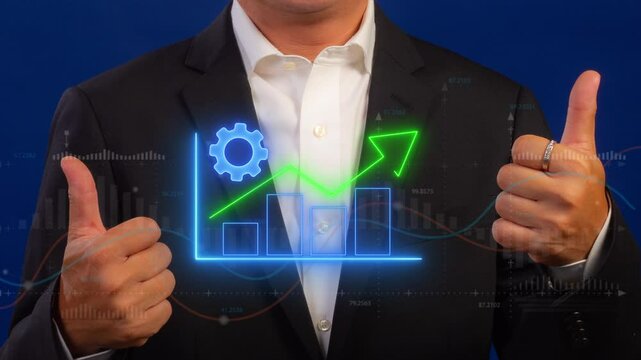 Business efficiency concept, how much a company or organization can produce as it relates to time, cost and quality. Businessman shows glowing neon line of profit maximization icon on virtual screen.