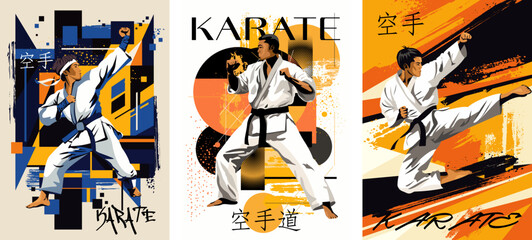 Set of karate posters. Martial arts in an abstract style. Vector templates for postcards, posters, flyers, banners and others. Translation of hieroglyphs: karate. © Nadin_Koryukova