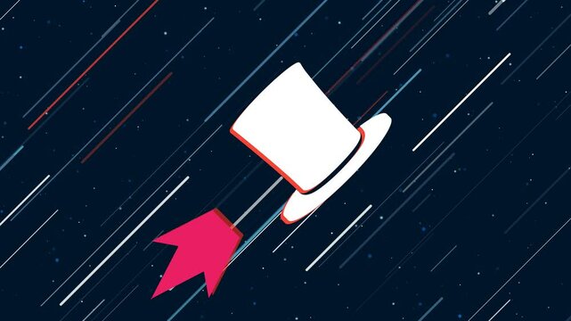 Top hat symbol flies through the universe on a jet propulsion. The symbol in the center is shaking due to high speed. Seamless looped 4k animation on dark blue background with stars